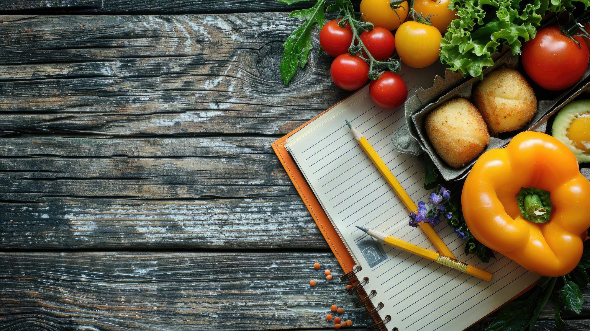 Workshop table with fresh vegetables and notebooks